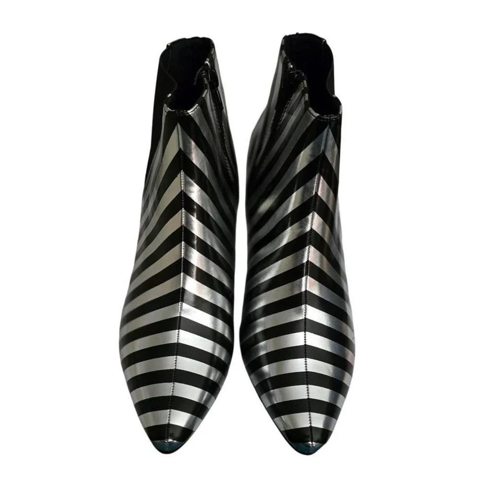 T4730 Silver Black Striped Pointed‎ Toe Kitten Heel Ankle Boots A4892 Size 8M